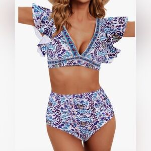 Women Ruffle High Waisted Swimsuit Two Piece Tropical Print Swimsuit Push Up